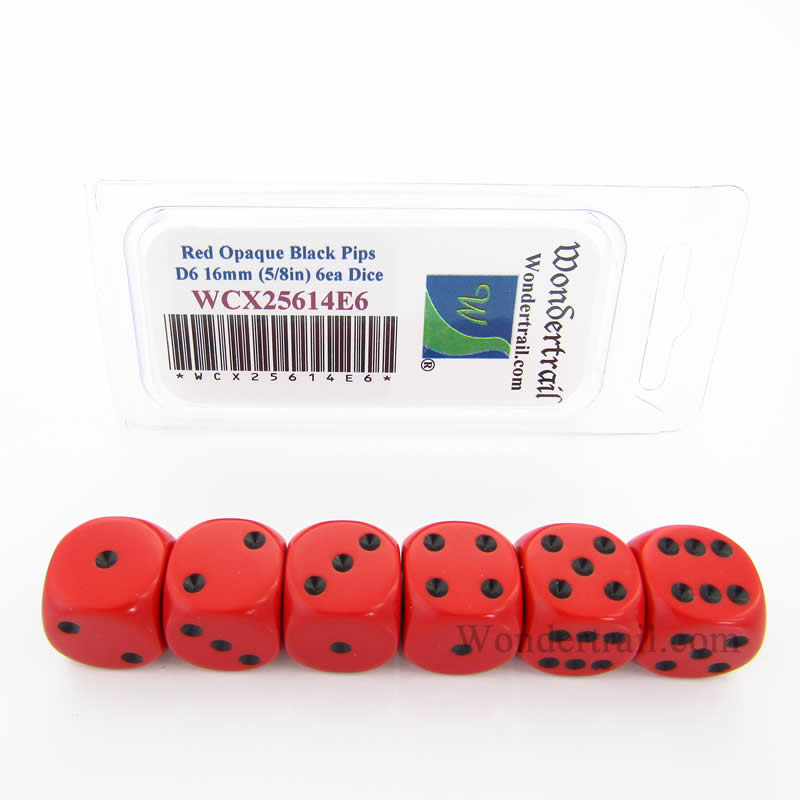 WCX25614E6 Red Opaque Dice Black Pips D6 16mm Pack of 6 (ONLINE ORDER ONLY)