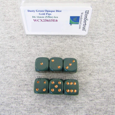 WCX25615E6 Dusty Green Opaque Dice Copper Pips D6 16mm (5/8in) Pack of 6 (ONLINE ORDER ONLY)