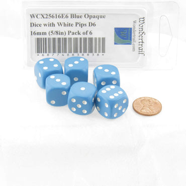WCX25616E6 Blue Opaque Dice with White Pips D6 16mm (5/8in) Pack of 6 (ONLINE ORDER ONLY)