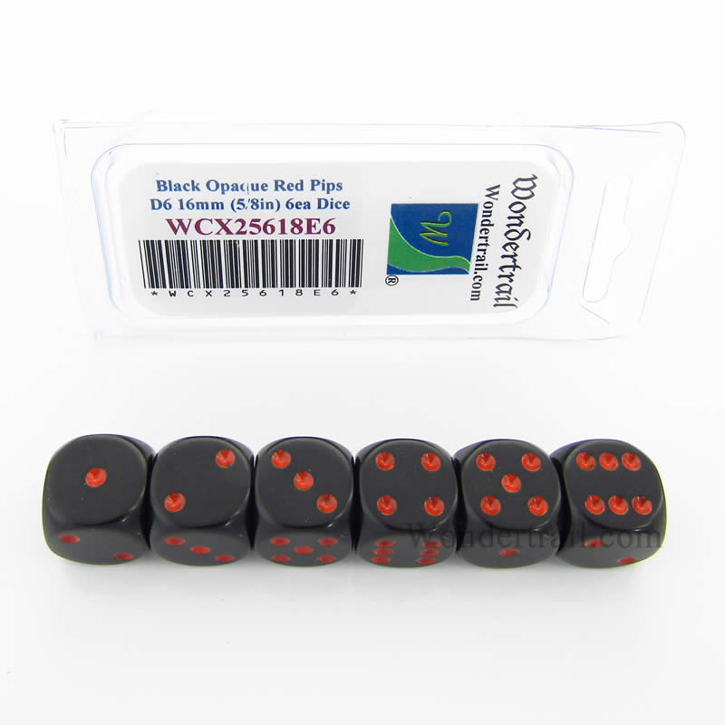 WCX25618E6 Black Opaque Dice Red Pips D6 16mm Pack of 6 (ONLINE ORDER ONLY)