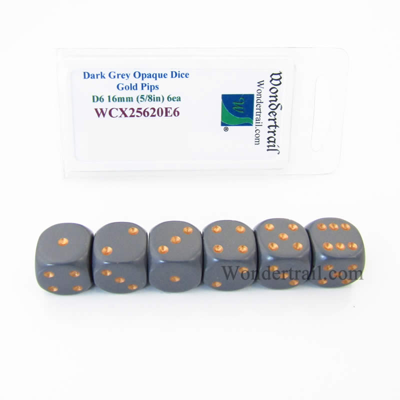 WCX25620E6 Dark Grey Opaque Dice Copper Pips D6 16mm Pack of 6 (ONLINE ORDER ONLY)
