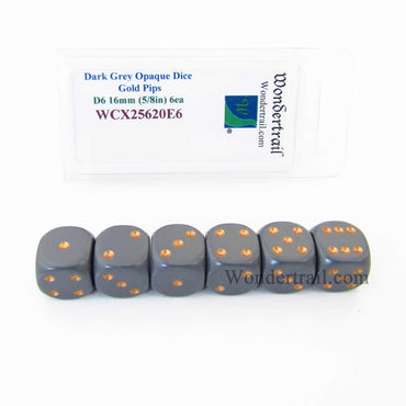 WCX25620E6 Dark Grey Opaque Dice Copper Pips D6 16mm Pack of 6 (ONLINE ORDER ONLY)