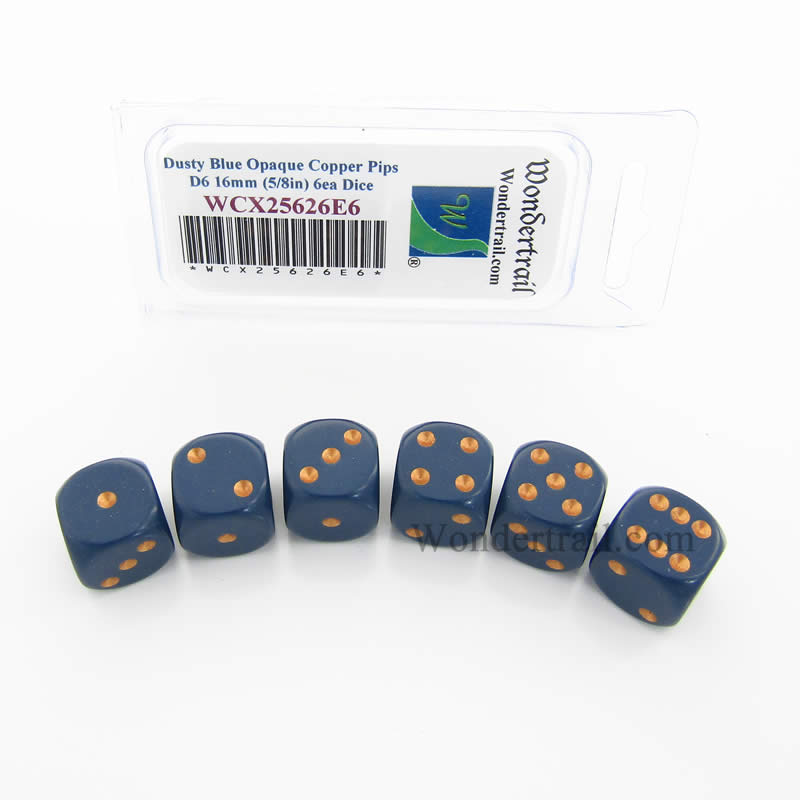 WCX25626E6 Dusty Blue Opaque Dice Copper Pips D6 16mm Pack of 6 (ONLINE ORDER ONLY)