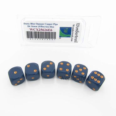 WCX25626E6 Dusty Blue Opaque Dice Copper Pips D6 16mm Pack of 6 (ONLINE ORDER ONLY)