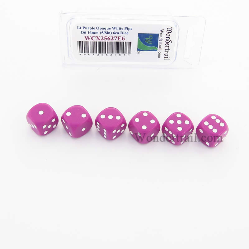 WCX25627E6 Light Purple Opaque Dice White Pips D6 16mm Pack of 6 (ONLINE ORDER ONLY)