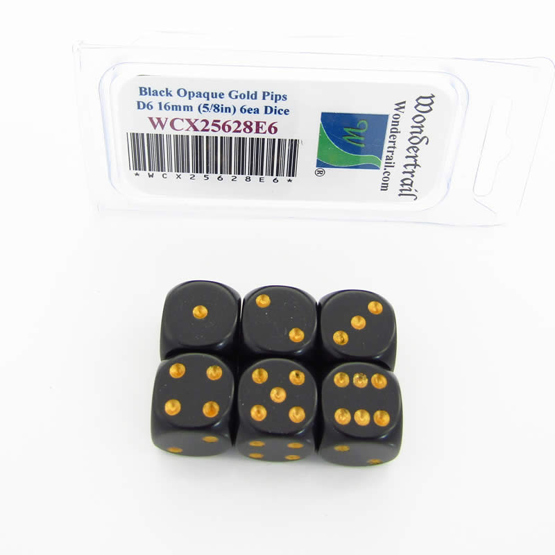 WCX25628E6 Black Opaque Dice Gold Pips D6 16mm Pack of 6 (ONLINE ORDER ONLY)