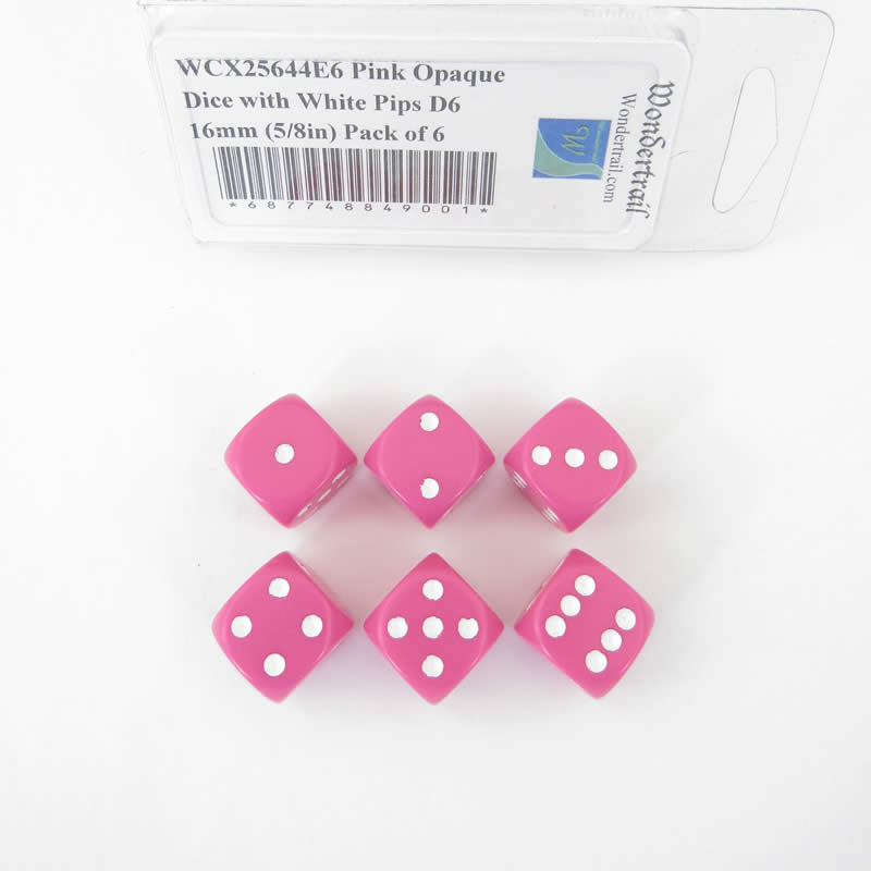 WCX25644E6 Pink Opaque Dice with White Pips D6 16mm (5/8in) Pack of 6 (ONLINE ORDER ONLY)