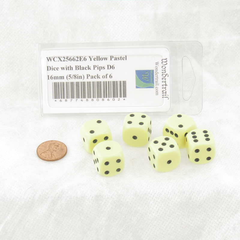 WCX25662E6 Yellow Pastel Dice with Black Pips D6 16mm (5/8in) Pack of 6 (ONLINE ORDER ONLY)