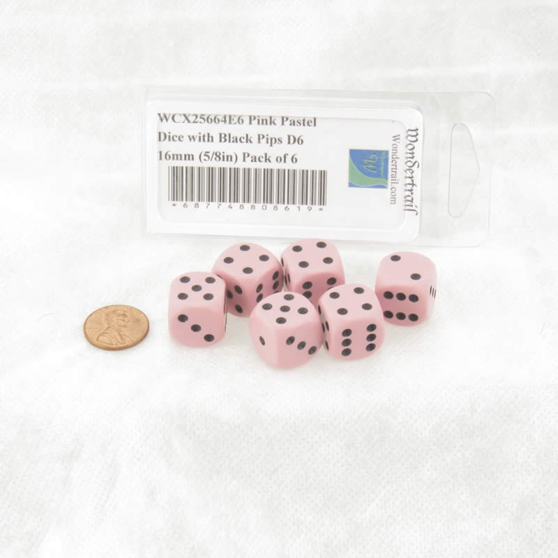 WCX25664E6 Pink Pastel Dice with Black Pips D6 16mm (5/8in) Pack of 6 (ONLINE ORDER ONLY)