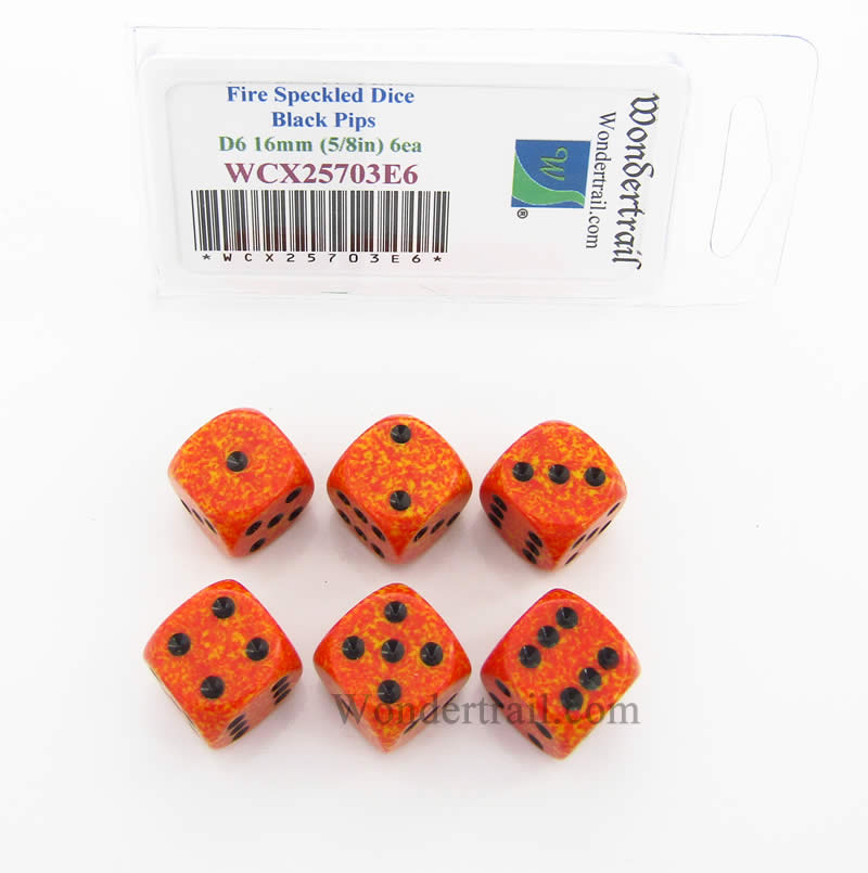 WCX25703E6 Fire Speckled Dice Black Pips D6 16mm Pack of 6 (ONLINE ORDER ONLY)