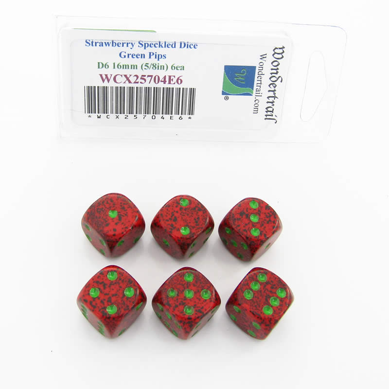 WCX25704E6 Strawberry Speckled Dice Green Pips D6 16mm Pack of 6 (ONLINE ORDER ONLY)