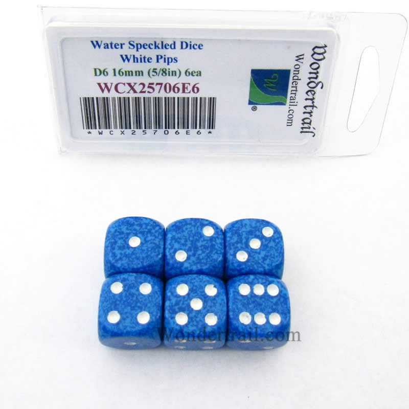 WCX25706E6 Water Speckled Dice White Pips D6 16mm Pack of 6 (ONLINE ORDER ONLY)