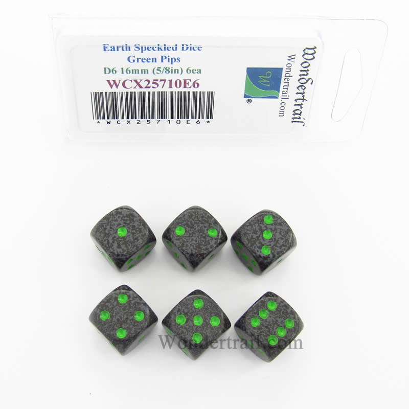 WCX25710E6 Earth Speckled Dice Green Pips D6 16mm Pack of 6 (ONLINE ORDER ONLY)