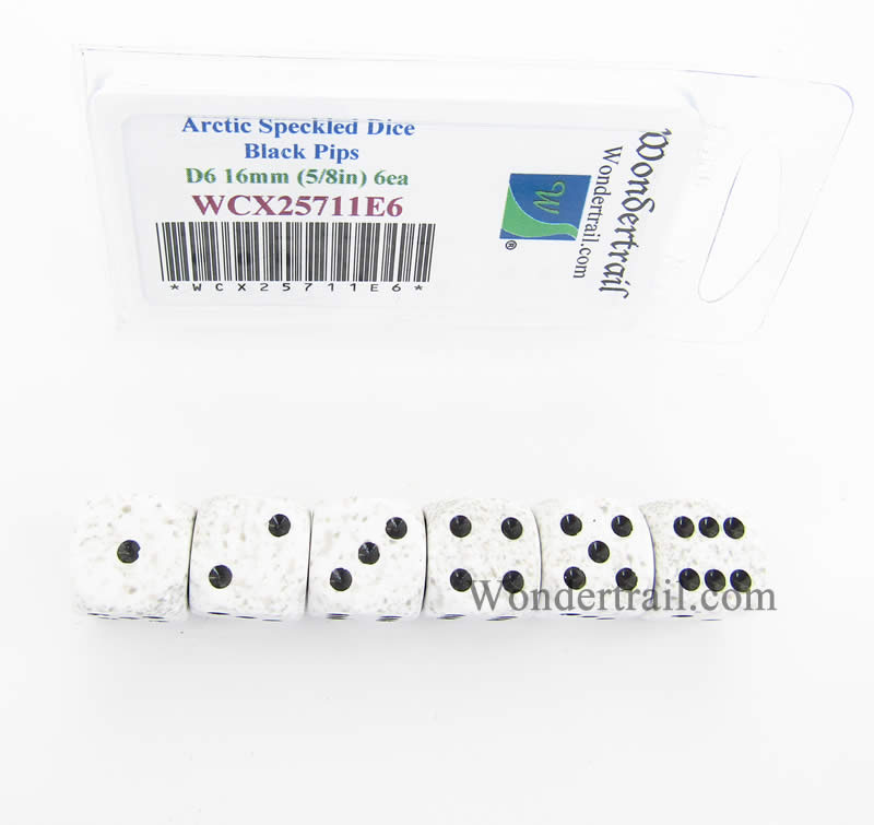 WCX25711E6 Arctic Speckled Dice Black Pips D6 16mm Pack of 6 (ONLINE ORDER ONLY)