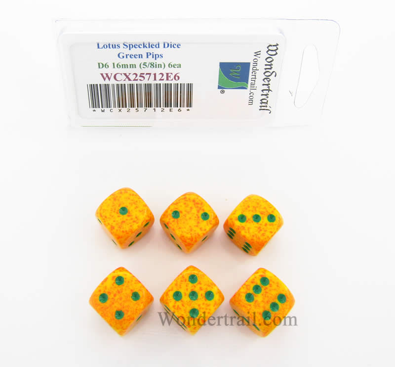 WCX25712E6 Lotus Speckled Dice Green Pips D6 16mm Pack of 6 (ONLINE ORDER ONLY)
