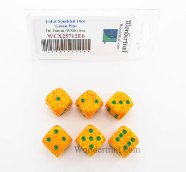 WCX25712E6 Lotus Speckled Dice Green Pips D6 16mm Pack of 6 (ONLINE ORDER ONLY)