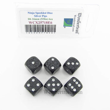 WCX25718E6 Ninja Speckled Dice Silver Pips D6 16mm Pack of 6 (ONLINE ORDER ONLY)