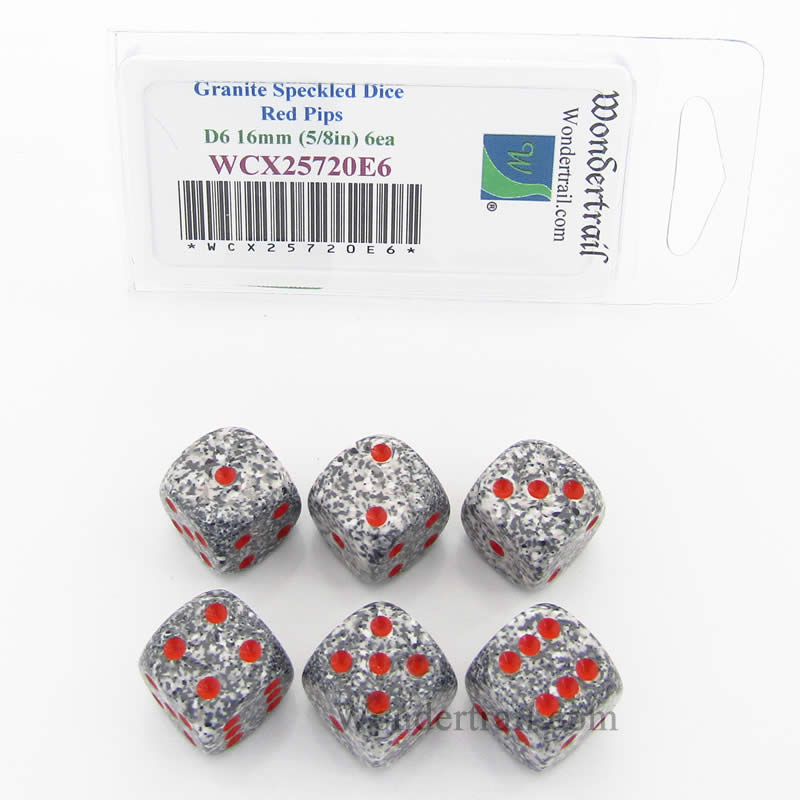 WCX25720E6 Granite Speckled Dice Red Pips D6 16mm Pack of 6 (ONLINE ORDER ONLY)