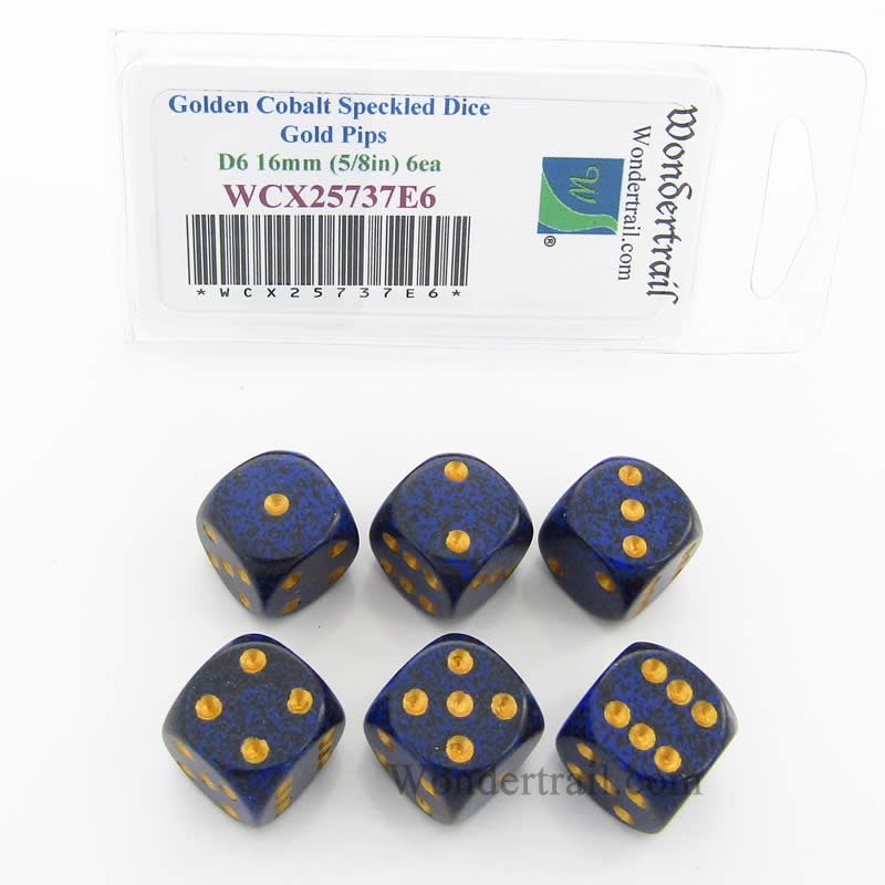WCX25737E6 Golden Cobalt Speckled Dice Gold Pips D6 16mm Pack of 6 (ONLINE ORDER ONLY)