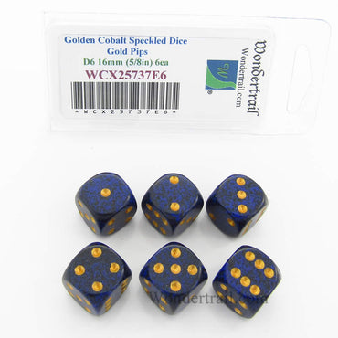 WCX25737E6 Golden Cobalt Speckled Dice Gold Pips D6 16mm Pack of 6 (ONLINE ORDER ONLY)