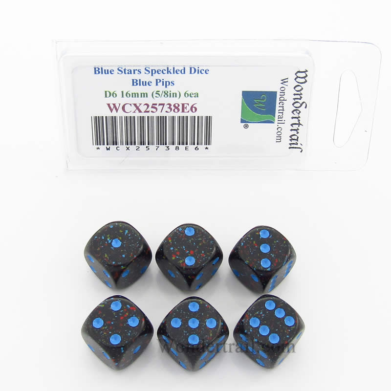 WCX25738E6 Blue Stars Speckled Dice Blue Pips D6 16mm Pack of 6 (ONLINE ORDER ONLY)