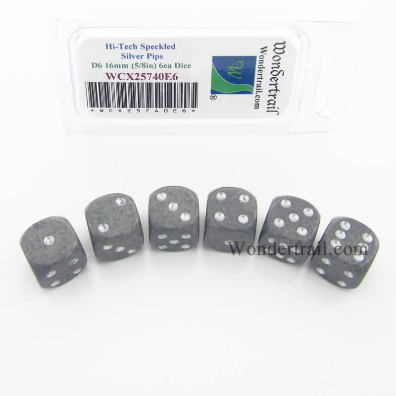 WCX25740E6 Hi Tech Speckled Dice Silver Pips D6 16mm Pack of 6 (ONLINE ORDER ONLY)