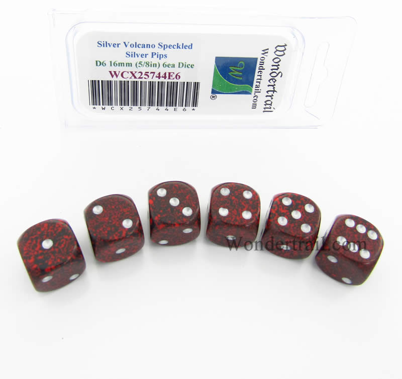 WCX25744E6 Silver Volcano Speckled Dice Silver Pips D6 16mm Pack of 6 (ONLINE ORDER ONLY)