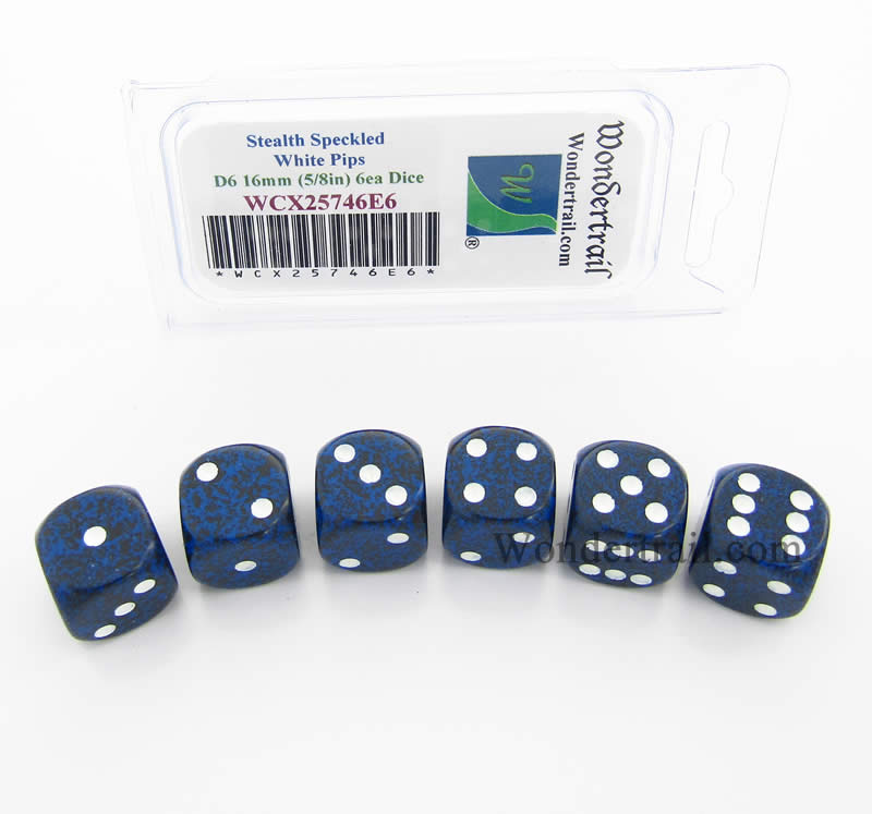 WCX25746E6 Stealth Speckled Dice White Pips D6 16mm Pack of 6 (ONLINE ORDER ONLY)