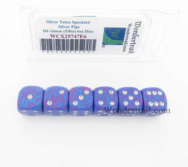 WCX25747E6 Silver Tetra Speckled Dice Silver Pips D6 16mm Pack of 6 (ONLINE ORDER ONLY)
