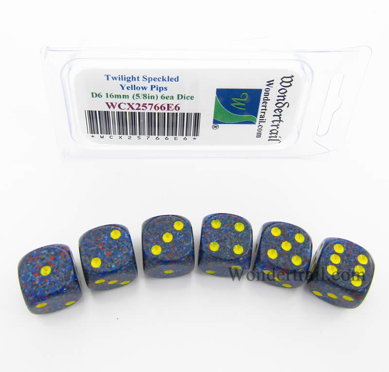 WCX25766E6 Twilight Speckled Dice Yellow Pips D6 16mm Pack of 6 (ONLINE ORDER ONLY)
