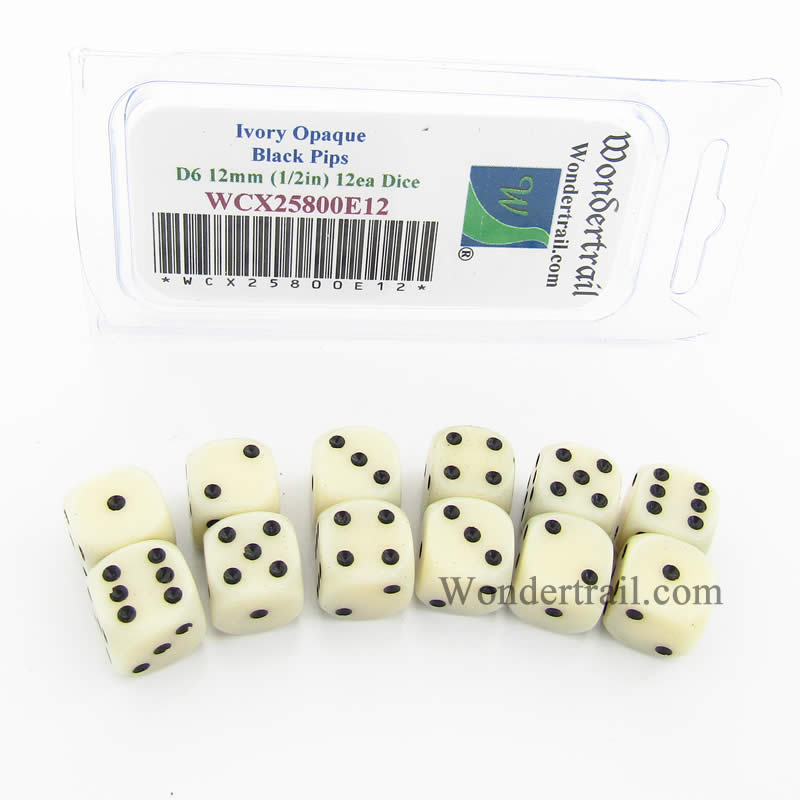 WCX25800E12 Ivory Dice with Black Pips D6 12mm (1/2in) Pack of 12 (ONLINE ORDER ONLY)
