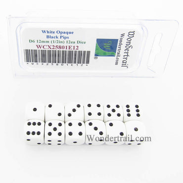 WCX25801E12 White Dice with Black Pips D6 12mm (1/2in) Pack of 12 (ONLINE ORDER ONLY)