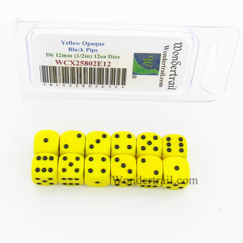 WCX25802E12 Yellow Dice Black Pips D6 12mm (1/2in) Pack of 12 (ONLINE ORDER ONLY)