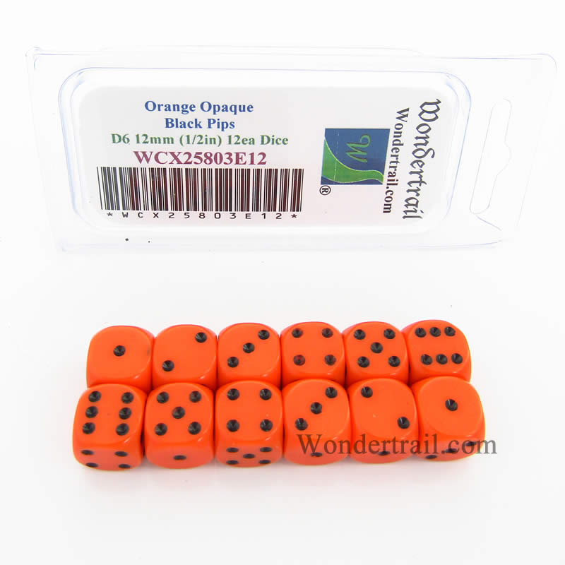 WCX25803E12 Orange Dice Black Pips D6 12mm (1/2in) Pack of 12 (ONLINE ORDER ONLY)