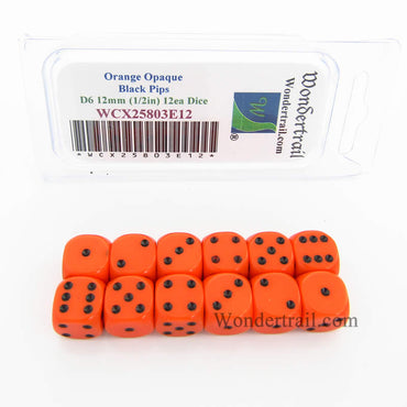 WCX25803E12 Orange Dice Black Pips D6 12mm (1/2in) Pack of 12 (ONLINE ORDER ONLY)