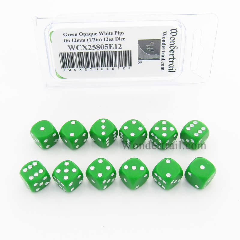 WCX25805E12 Green Dice with White Pips D6 12mm (1/2in) Pack of 12 (ONLINE ORDER ONLY)
