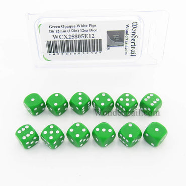 WCX25805E12 Green Dice with White Pips D6 12mm (1/2in) Pack of 12 (ONLINE ORDER ONLY)