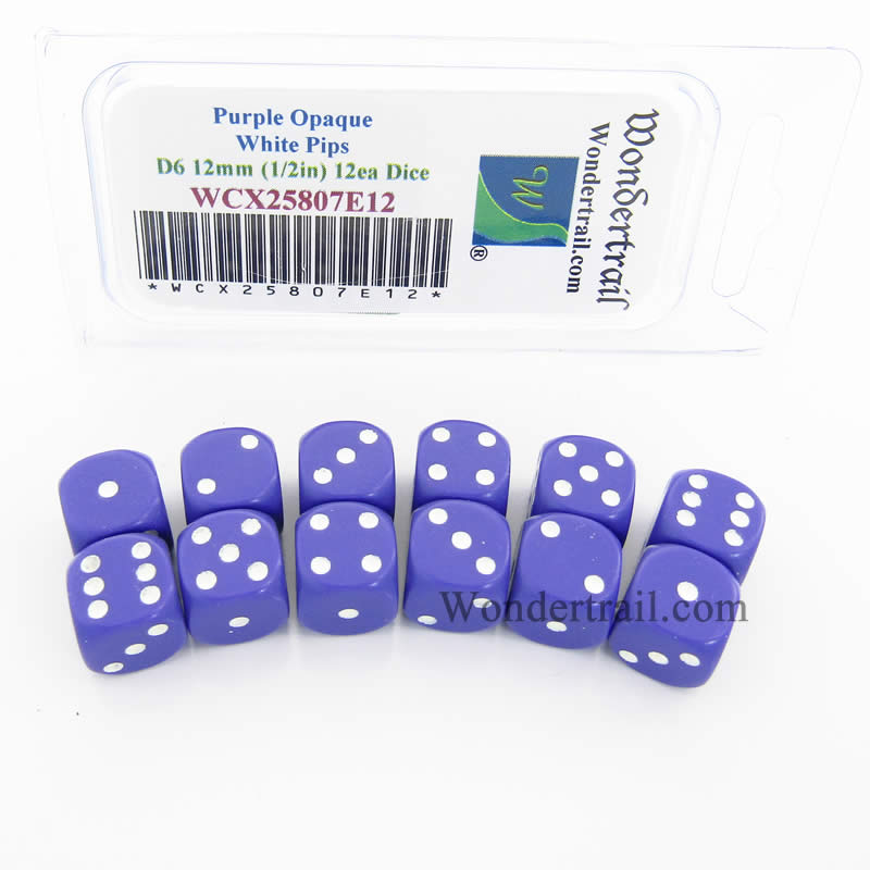 WCX25807E12 Purple Dice White Pips D6 12mm (1/2in) Pack of 12 (ONLINE ORDER ONLY)