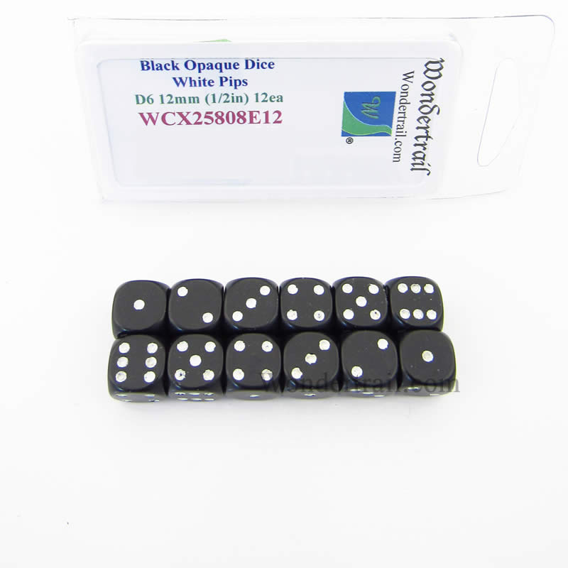 WCX25808E12 Black Dice with White Pips D6 12mm (1/2in) Pack of 12 (ONLINE ORDER ONLY)
