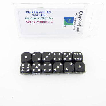 WCX25808E12 Black Dice with White Pips D6 12mm (1/2in) Pack of 12 (ONLINE ORDER ONLY)