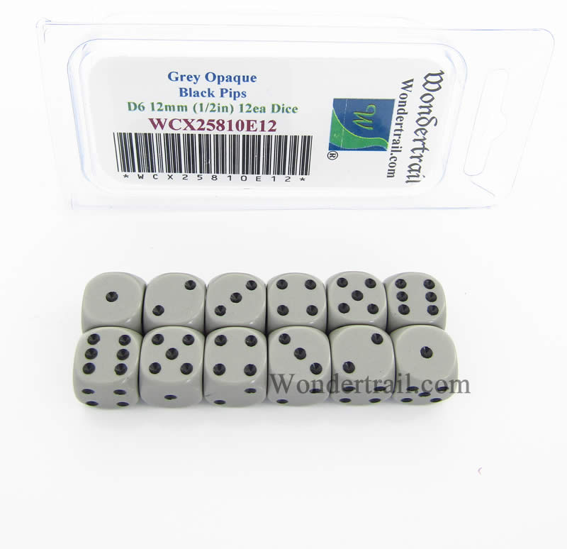 WCX25810E12 Grey Dice with Black Pips D6 12mm (1/2in) Pack of 12 (ONLINE ORDER ONLY)