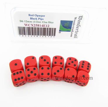 WCX25814E12 Red Dice with Black Pips D6 12mm (1/2in) Pack of 12 (ONLINE ORDER ONLY)