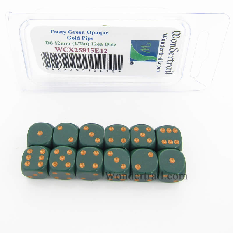 WCX25815E12 Dusty Green Dice Copper Pips D6 12mm (1/2in) Pack of 12 (ONLINE ORDER ONLY)