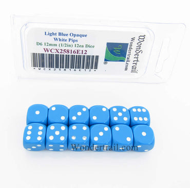 WCX25816E12 Light Blue Dice White Pips D6 12mm (1/2in) Pack of 12 (ONLINE ORDER ONLY)