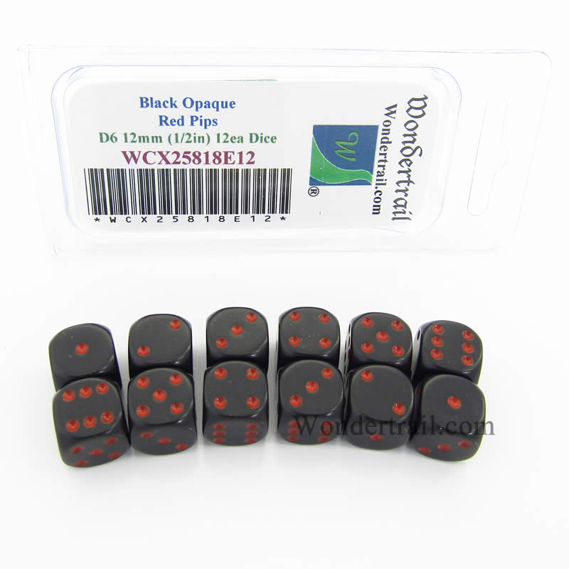 WCX25818E12 Black Dice with Red Pips D6 12mm (1/2in) Pack of 12 (ONLINE ORDER ONLY)