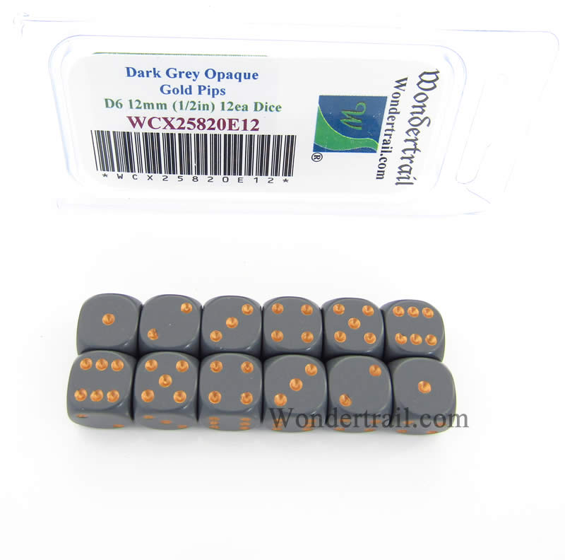 WCX25820E12 Dark Grey Dice Gold Pips D6 12mm (1/2in) Pack of 12 (ONLINE ORDER ONLY)