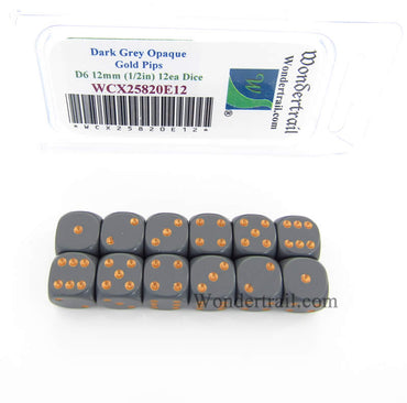 WCX25820E12 Dark Grey Dice Gold Pips D6 12mm (1/2in) Pack of 12 (ONLINE ORDER ONLY)