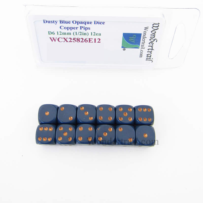 WCX25826E12 Dusty Blue Dice Copper Pips D6 12mm (1/2in) Pack of 12 (ONLINE ORDER ONLY)