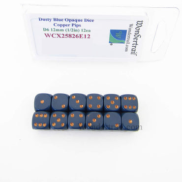 WCX25826E12 Dusty Blue Dice Copper Pips D6 12mm (1/2in) Pack of 12 (ONLINE ORDER ONLY)