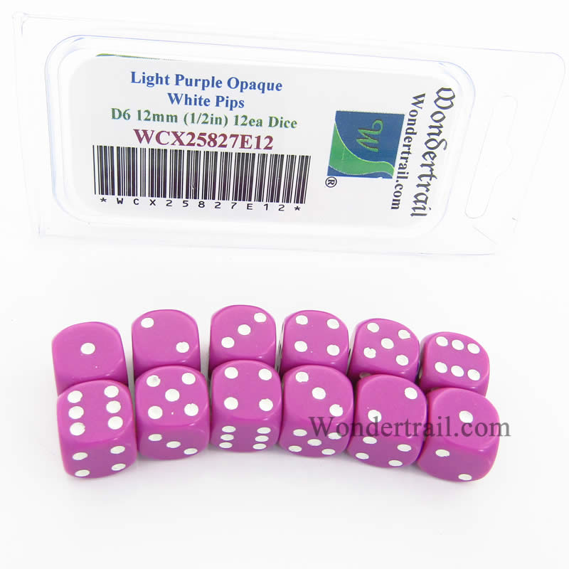 WCX25827E12 Light Purple Dice White Pips D6 12mm (1/2in) Pack of 12 (ONLINE ORDER ONLY)